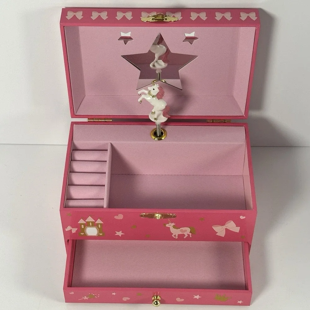 Princess Unicorn Musical Jewelry Box Pink Ballerina Mirror Drawer Girls
